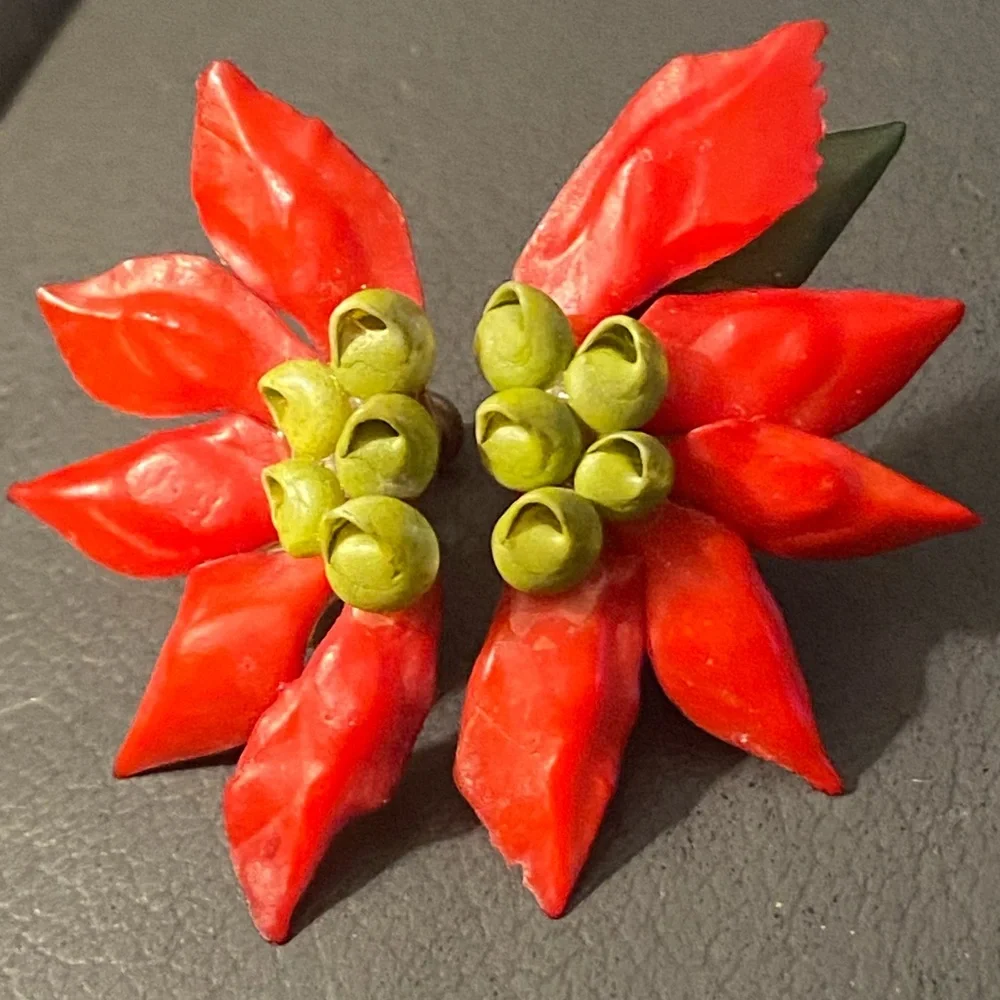 Vintage Hand Made Christmas Poinsettia Flower Brooch Matching Screw Back Earring